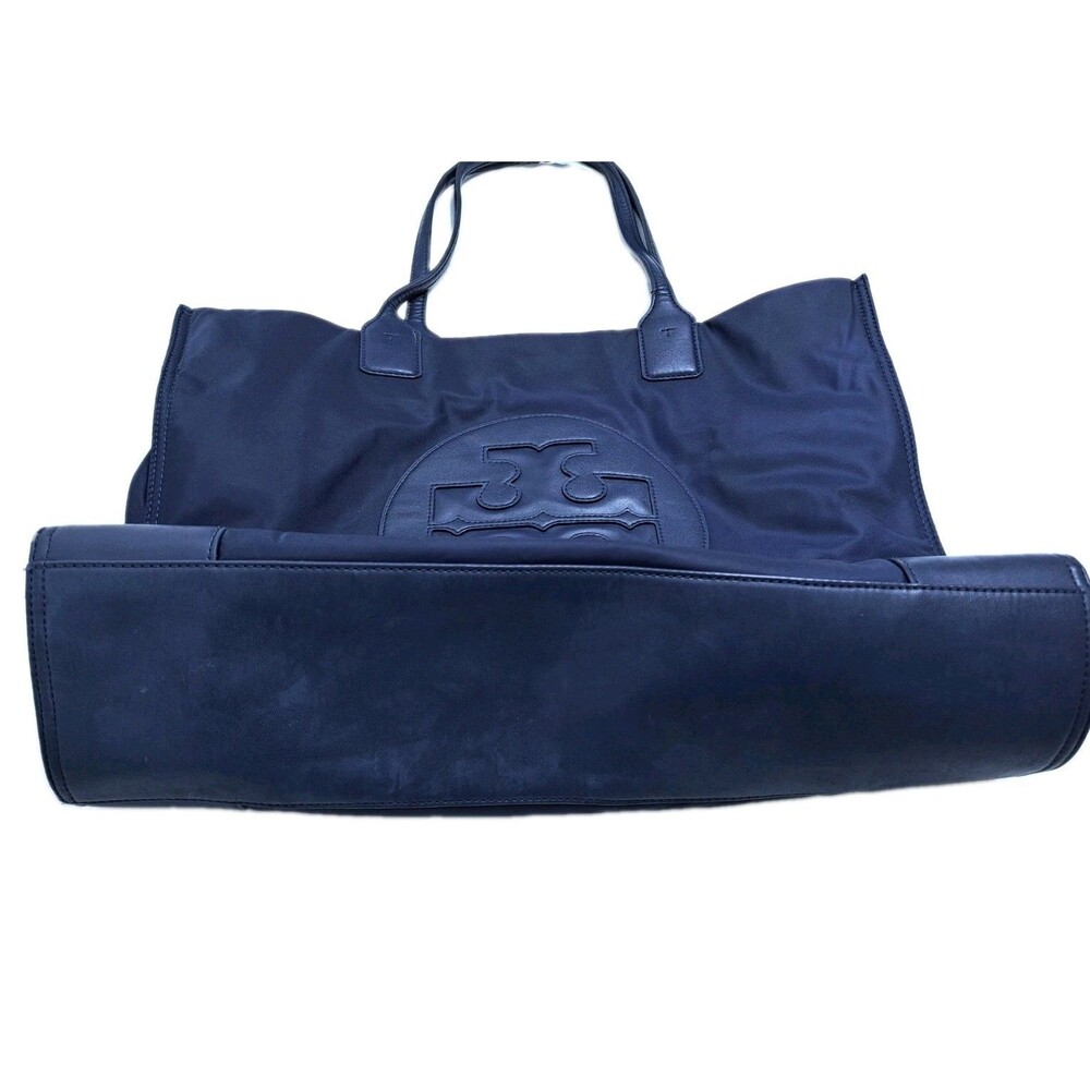 Tory Burch Ella Nylon Leather Logo Tote Bag Blue Shoulder - Picture 4 of 10